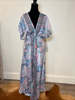 NWT Printed Paisley silk blend kimono Maxi Dress in Pink & Blue